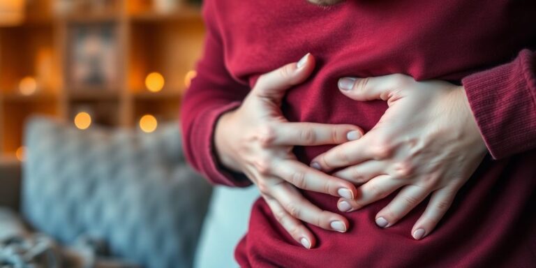 Person holding stomach in discomfort, indoors with soft lighting.