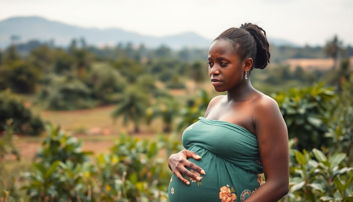 Pregnant woman in African landscape, highlighting malaria concerns.