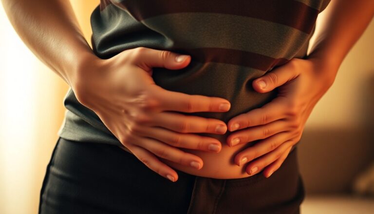 Woman in discomfort holding her lower abdomen.