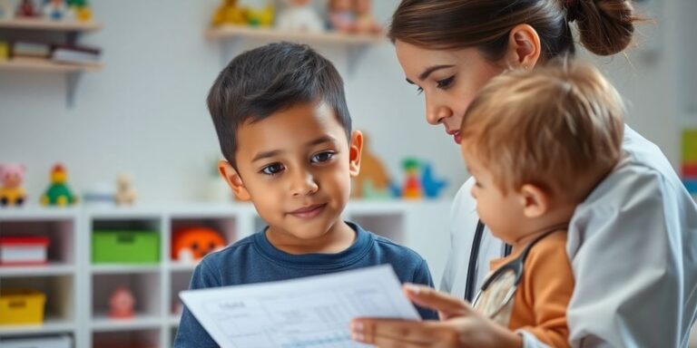 Médecin pédiatrique examinant un enfant dans un cabinet.