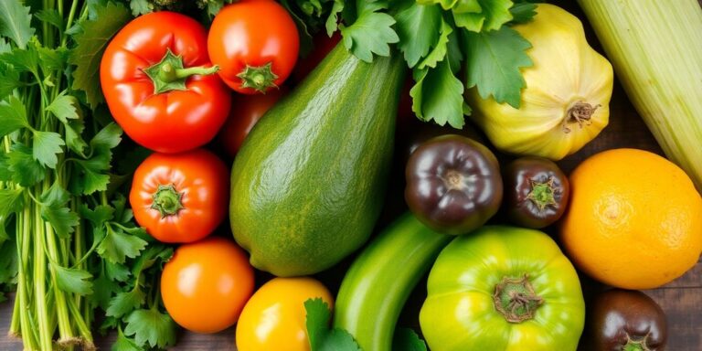 Légumes et fruits frais riches en fer et vitamines.