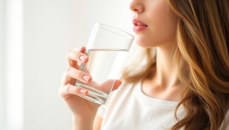 Woman drinking water for urinary health.