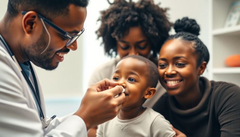 Black family with child receiving medicine from a doctor.
