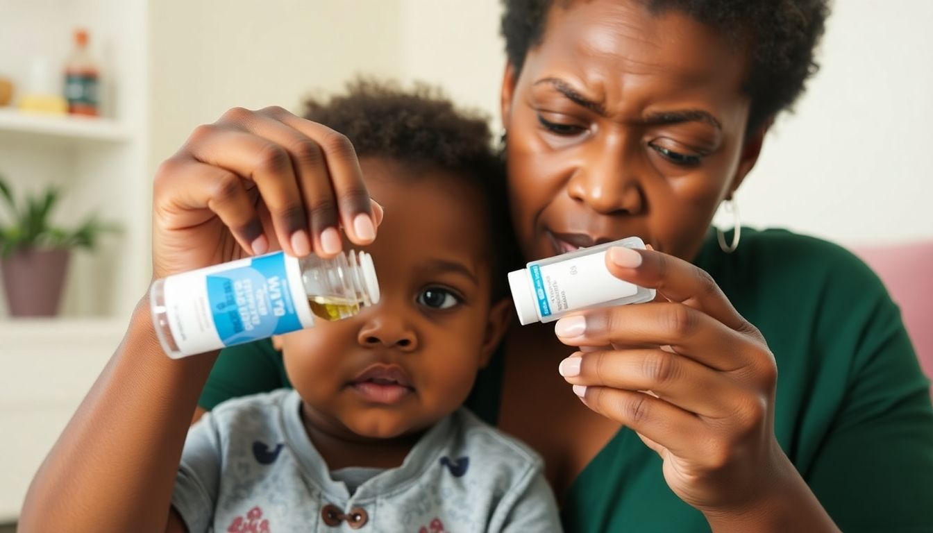 Black mother giving medicine to her child.