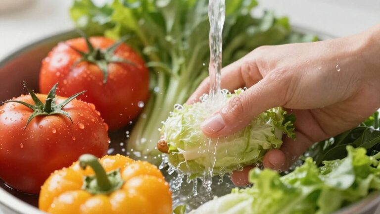 Légumes et fruits frais lavés sous l'eau courante.