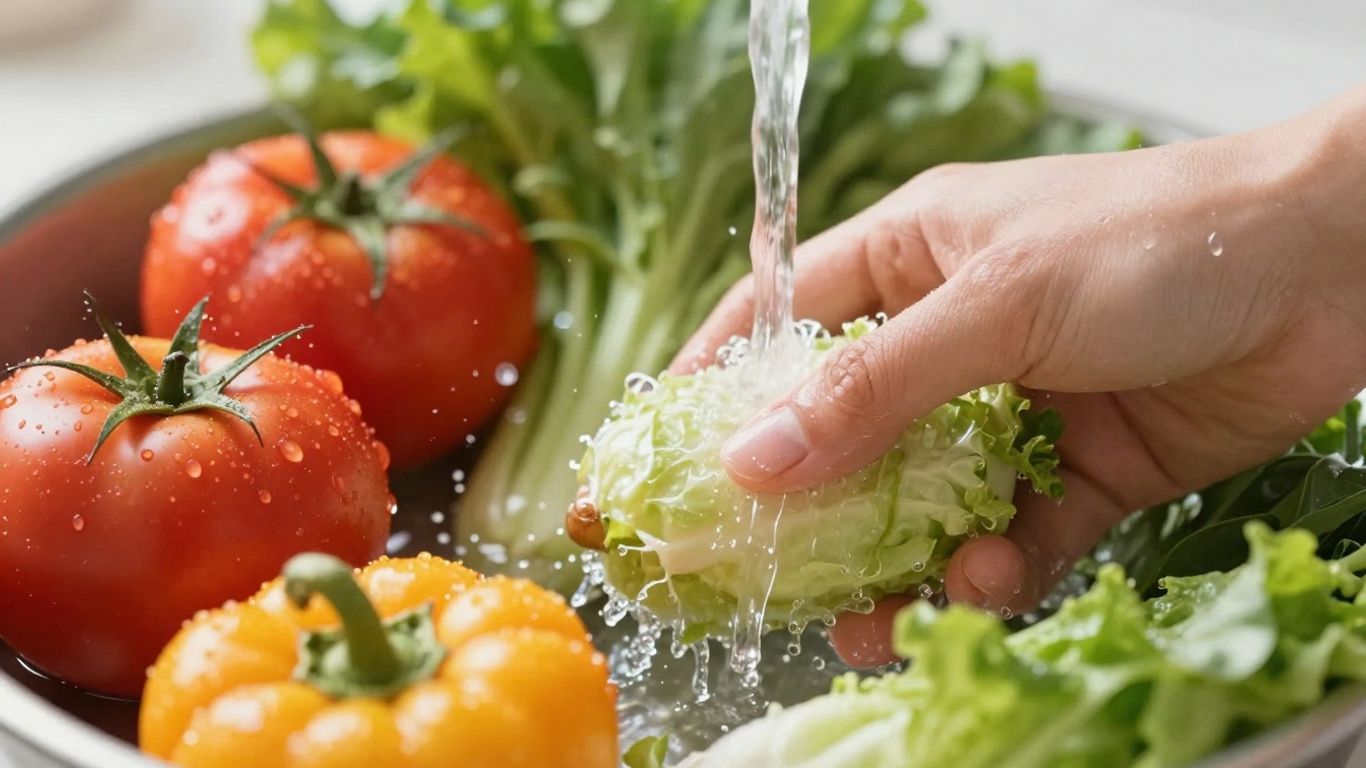 Légumes et fruits frais lavés sous l'eau courante.