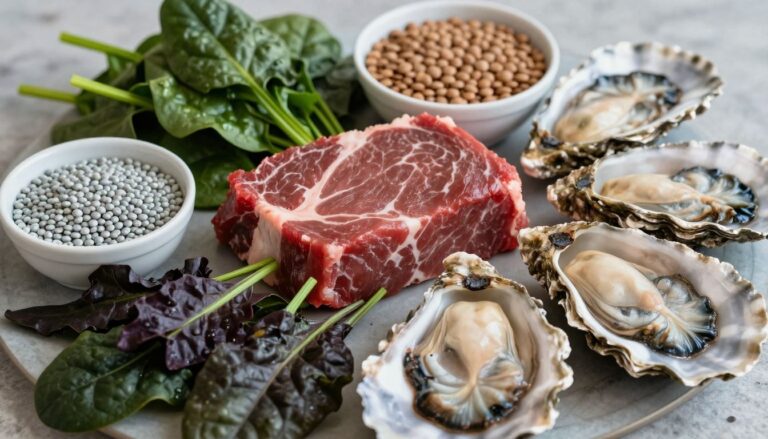 Foods rich in iron and zinc for preventing deficiencies.