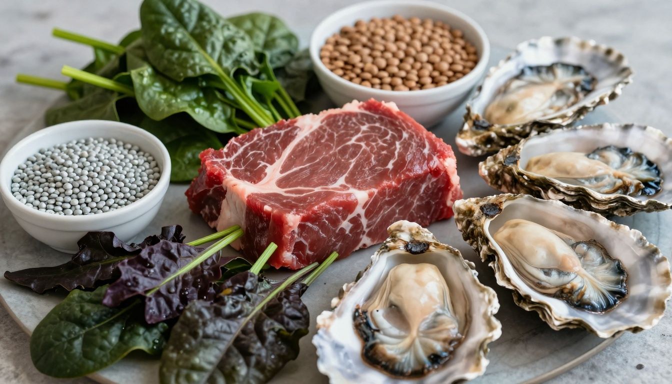 Foods rich in iron and zinc for preventing deficiencies.